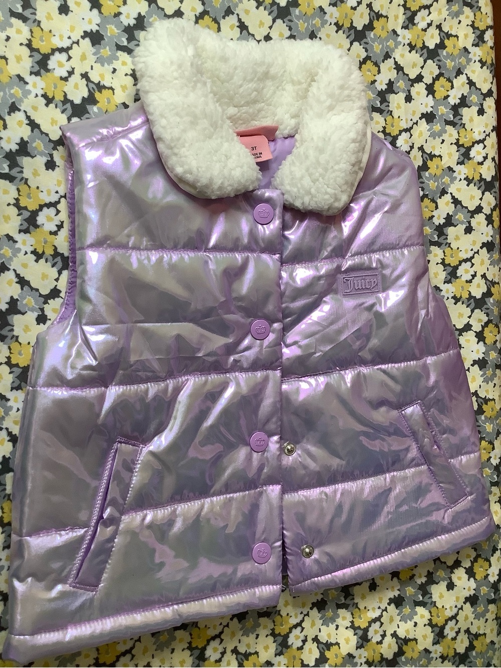 Kids Juicy Couture Iridescent Lavender Puffer Vest with Cream Sherpa Collar